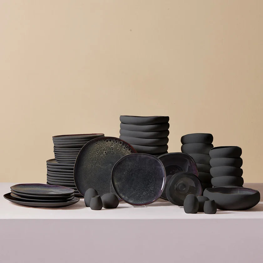 Earth Collection New Galactic Reactive Glaze 59-Piece Dinner Set for 12 People, Black