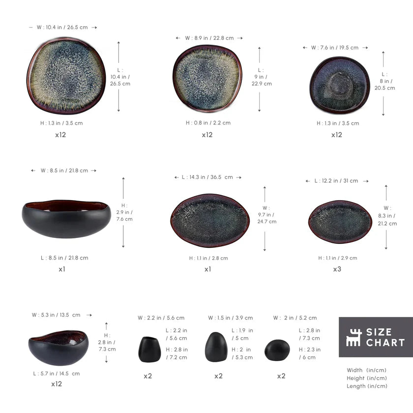 Earth Collection New Galactic Reactive Glaze 59-Piece Dinner Set for 12 People, Black