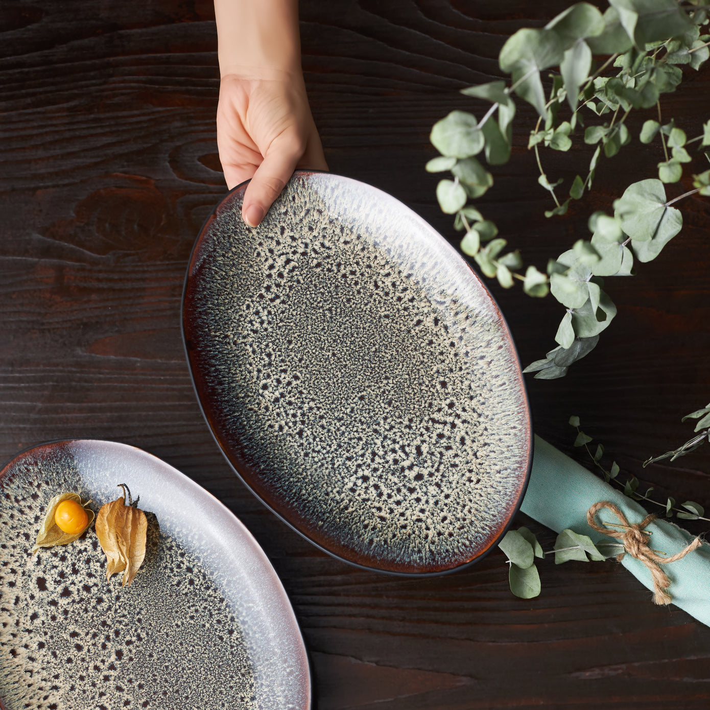2 Piece Galactic Reactive Glaze Serving Platter Set, Medium, Black Multi