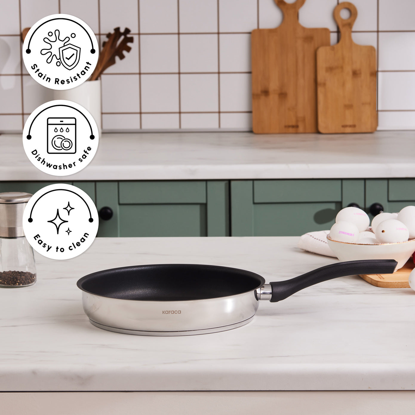 Karaca Gastro Stainless Steel Frying Pan, 24cm, Silver