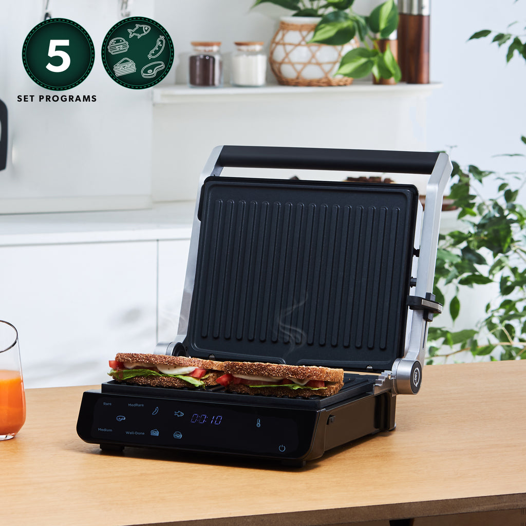 Homend Grilliant 1343UK Glass Surface, 5 Pre-Programmed, Detachable Cast Aluminium Plate, Led Display Talking Grill