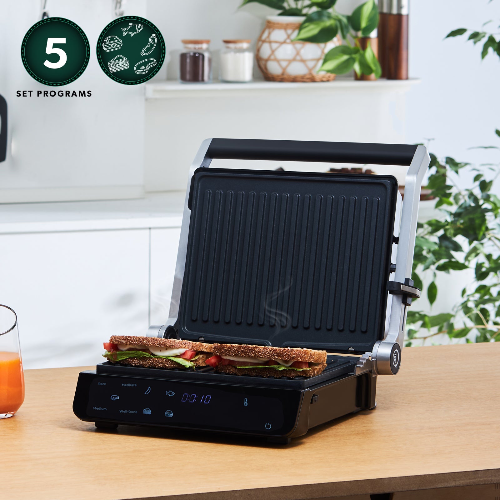 Homend Grilliant 1343UK Glass Surface, 5 Pre-Programmed, Detachable Cast Aluminium Plate, Led Display Talking Grill