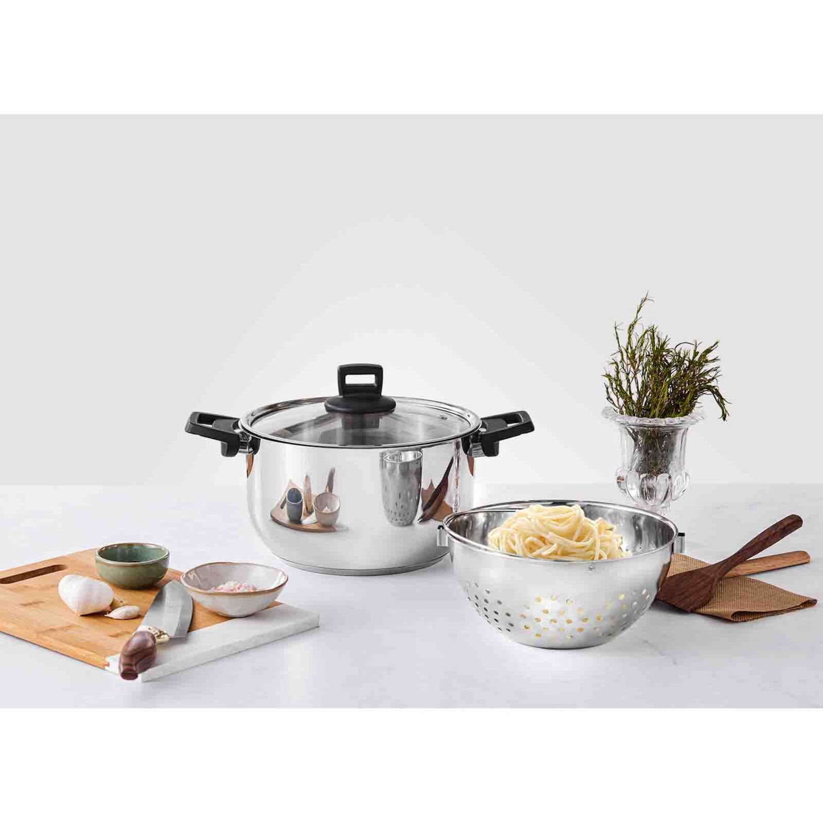 Karaca Love of Kitchen Stainless Steel Induction Pasta Pot and Steamer with Lid, 24cm, Silver