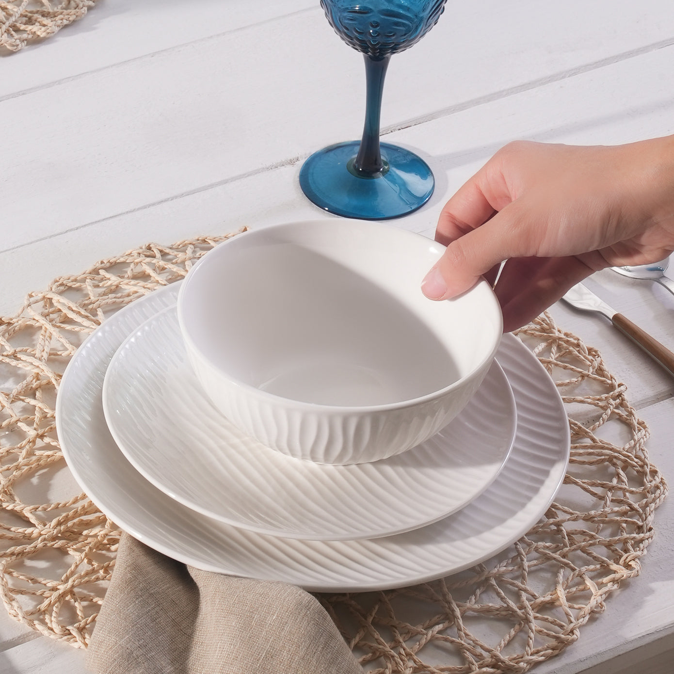 Karaca Ripple 12-Piece Porcelain Dinner Set for 4 People, White