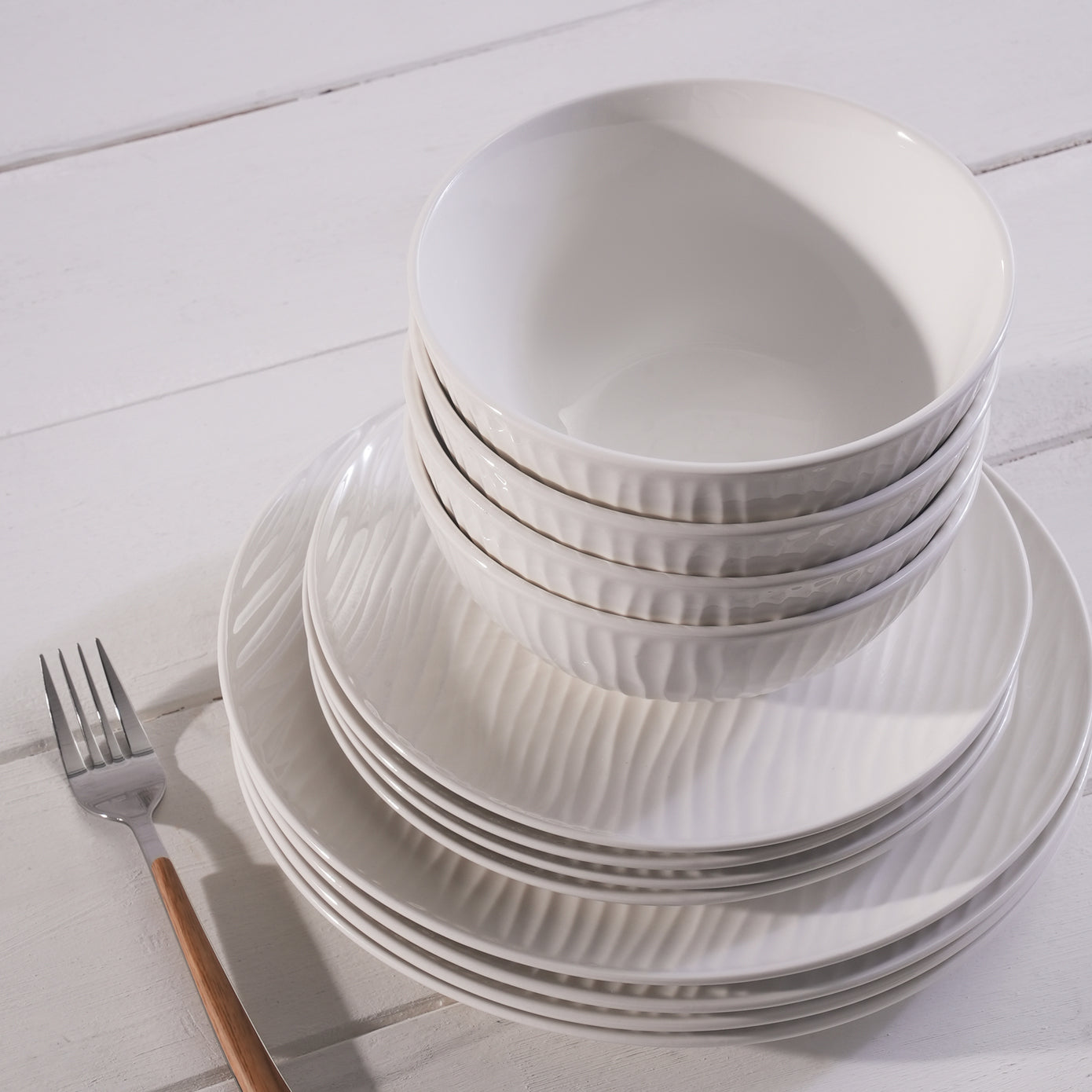 Karaca Ripple 12-Piece Porcelain Dinner Set for 4 People, White