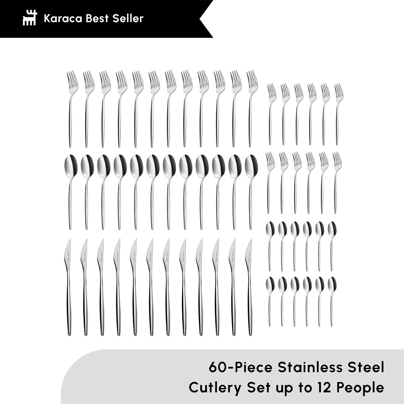 Karaca Lizbon 60-Piece Stainless Steel Cutlery Set for 12 People, Platinum