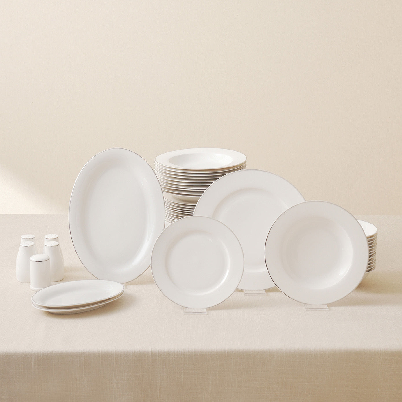 Karaca Lexi 56-Piece Bone China Dinner Set for 12 People, White Platinum