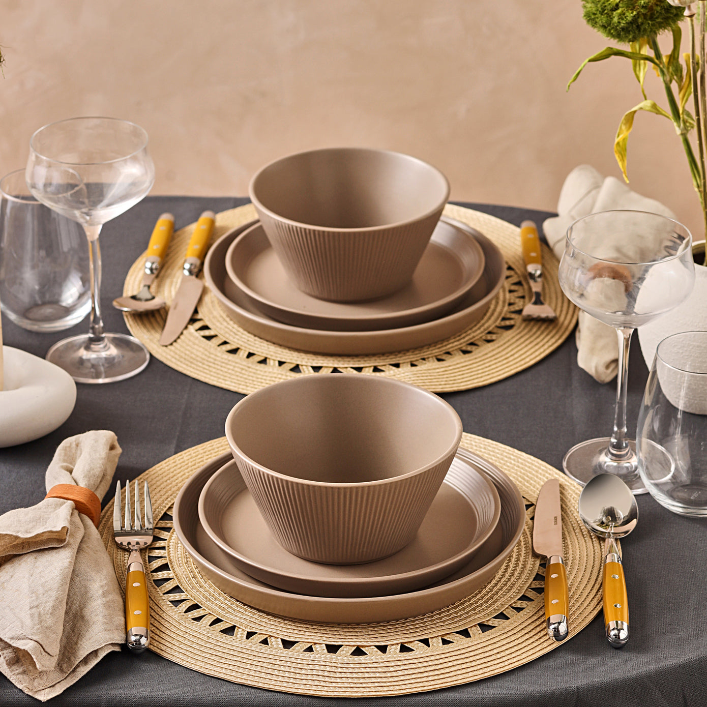 Karaca Mirum 12-Piece Stoneware Dinner Set for 4 People, Brown