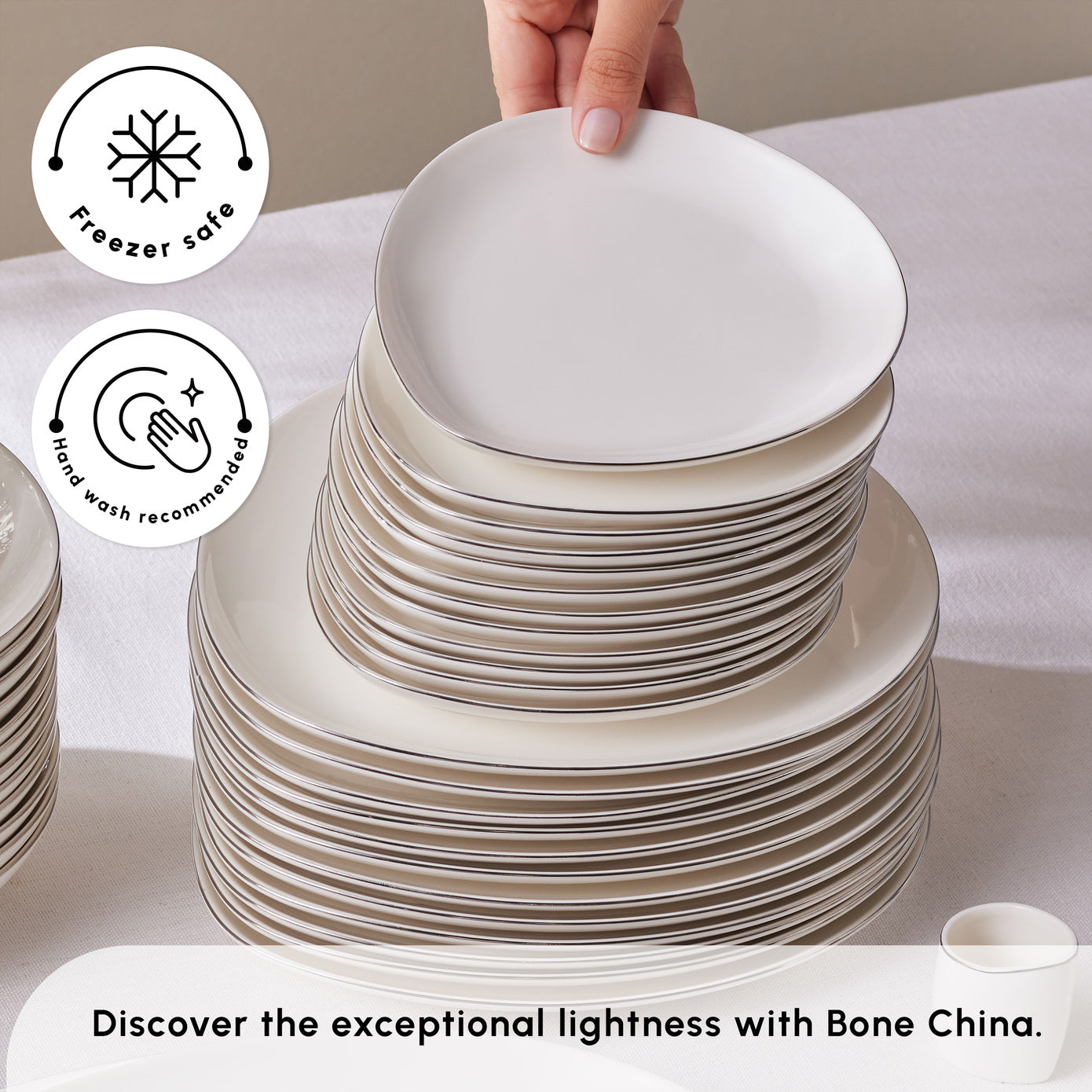 Karaca Streamline Saki 59-Piece Bone China Dinner Set for 12 People, White Gold