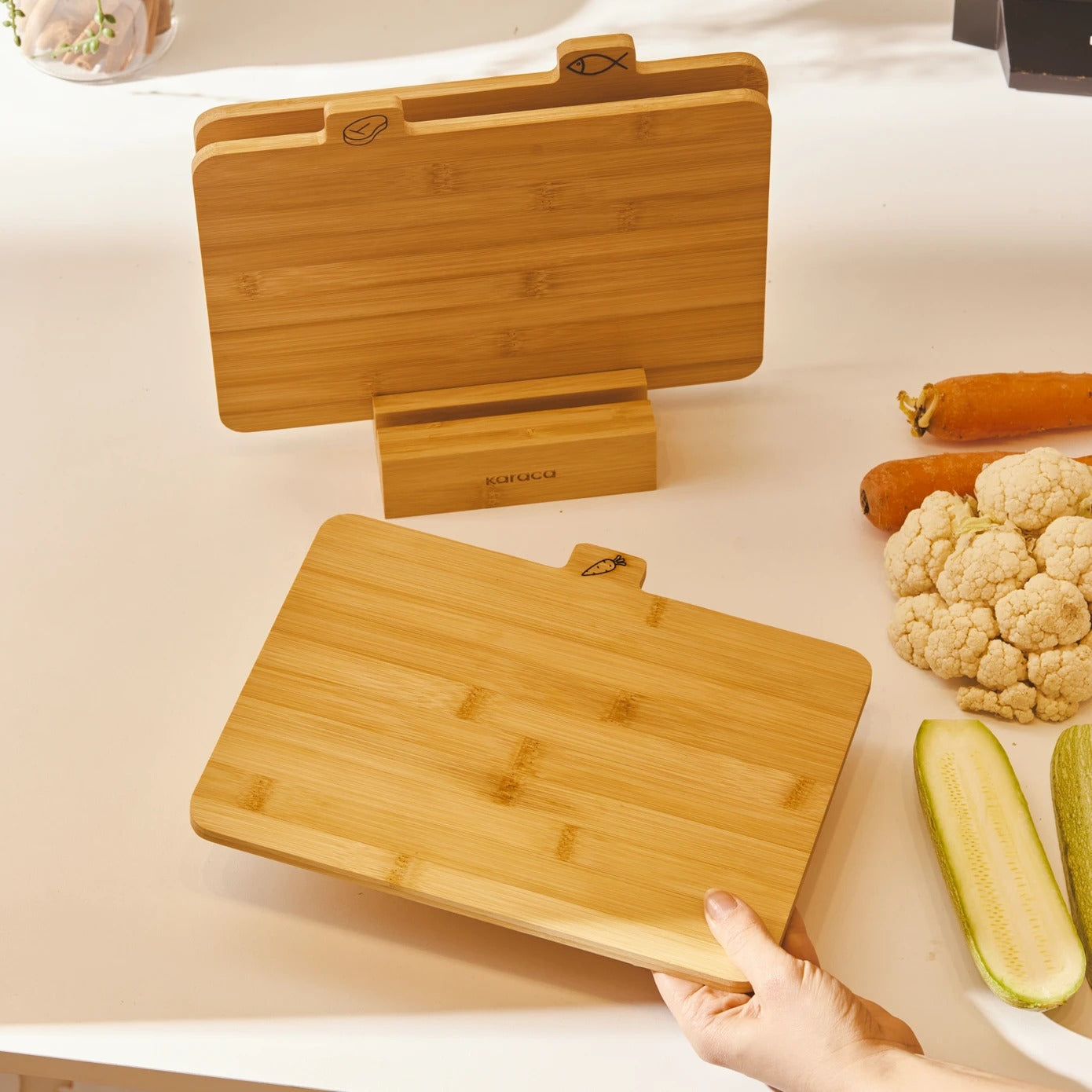 Karaca Triple 4-Piece Bamboo Chopping Board Set with Stand, Wood