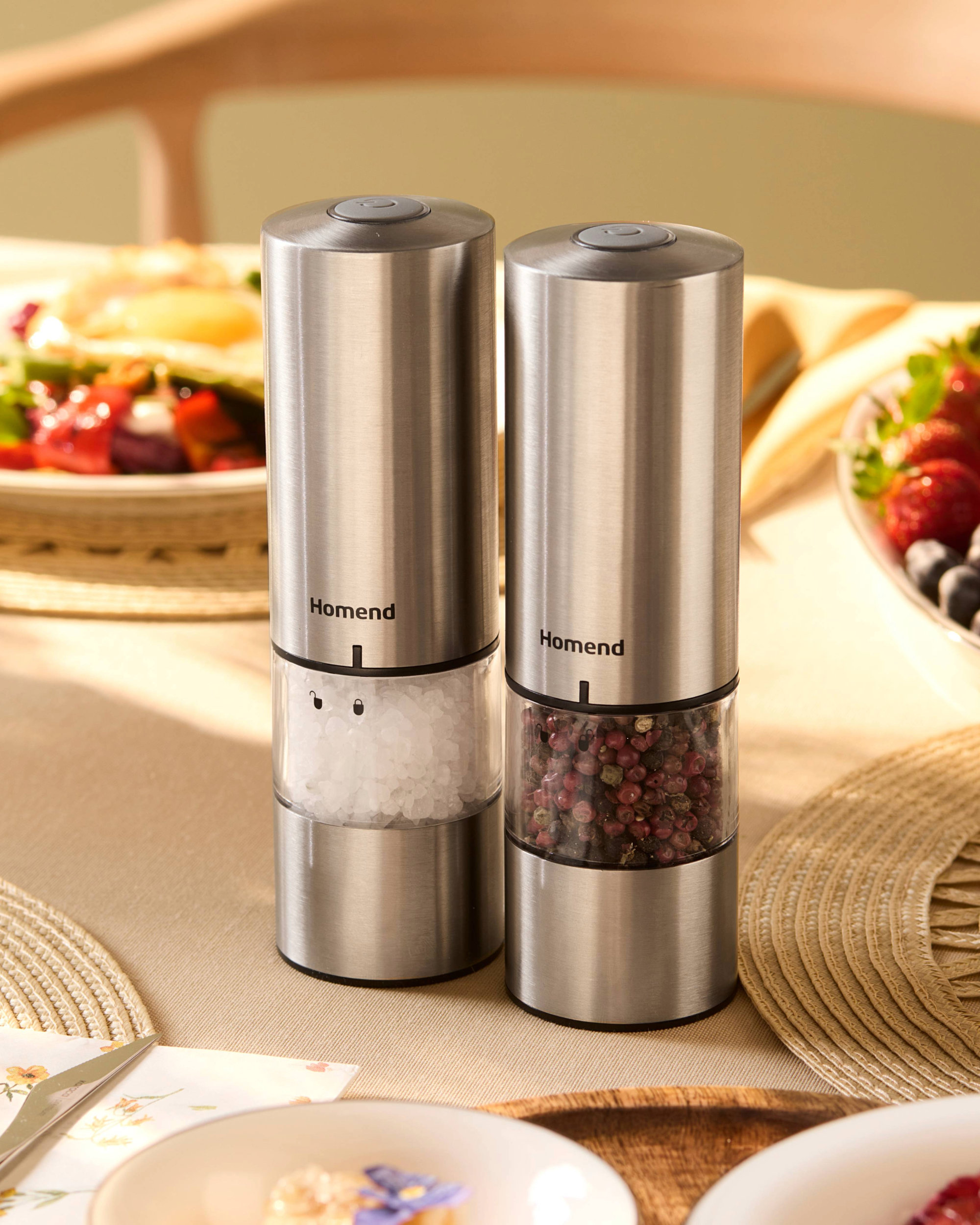 Homend Grindgo 6003UK Electric Salt and Pepper Grinder Set, Rechargeable with LED Light and Adjustable Grind Seasoning Mill Set