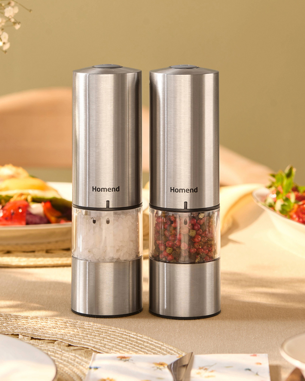 Homend Grindgo 6003UK Electric Salt and Pepper Grinder Set, Rechargeable with LED Light and Adjustable Grind Seasoning Mill Set