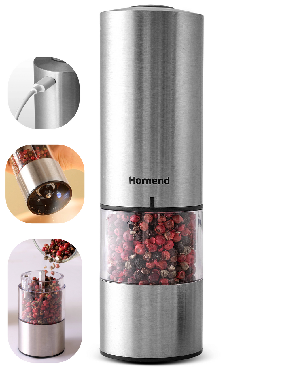 Homend Grindgo 6004UK Electric Salt and Pepper Grinder, Rechargeable with LED Light and Adjustable Grind Seasoning Mill