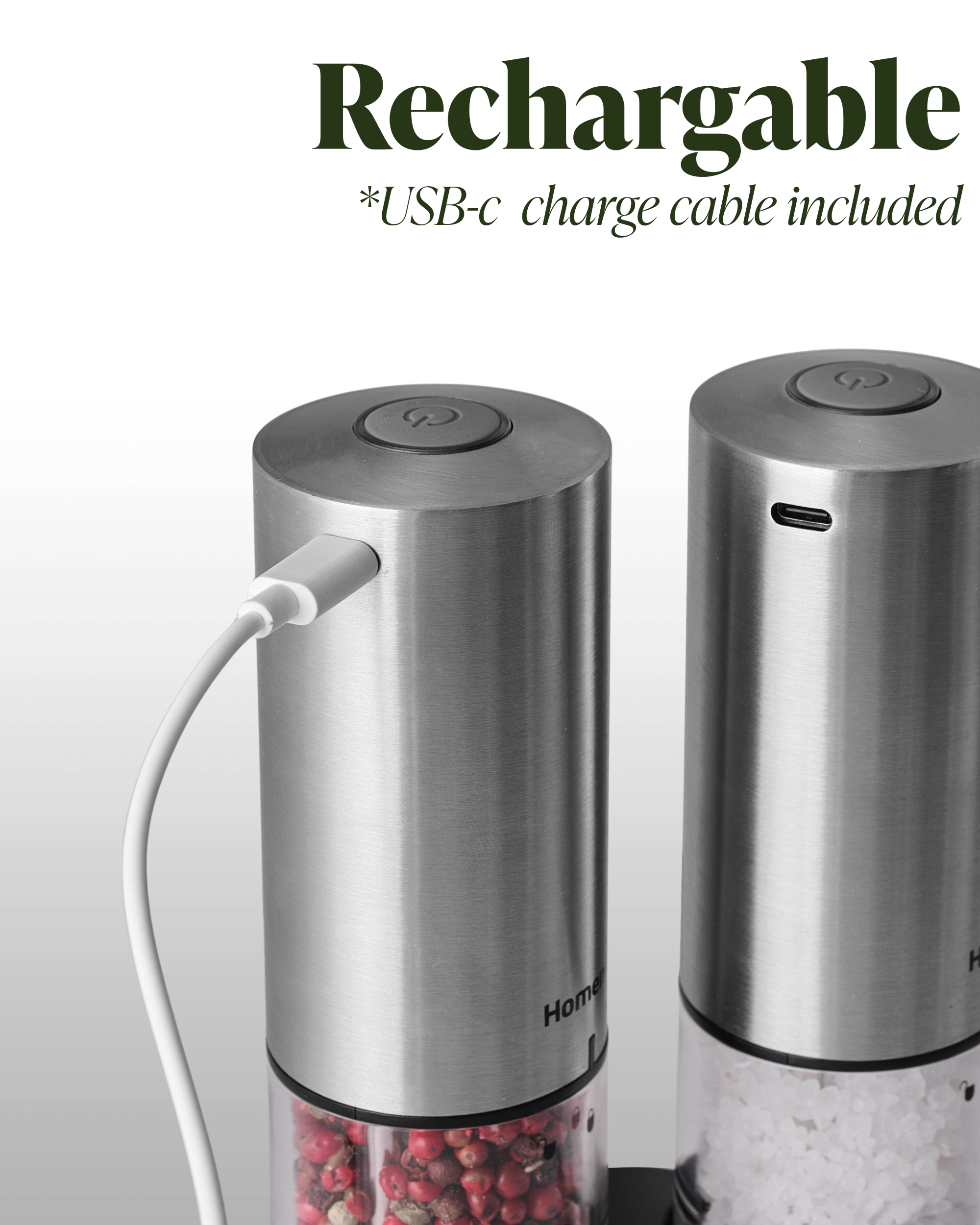 Homend Grindgo 6003UK Electric Salt and Pepper Grinder Set, Rechargeable with LED Light and Adjustable Grind Seasoning Mill Set