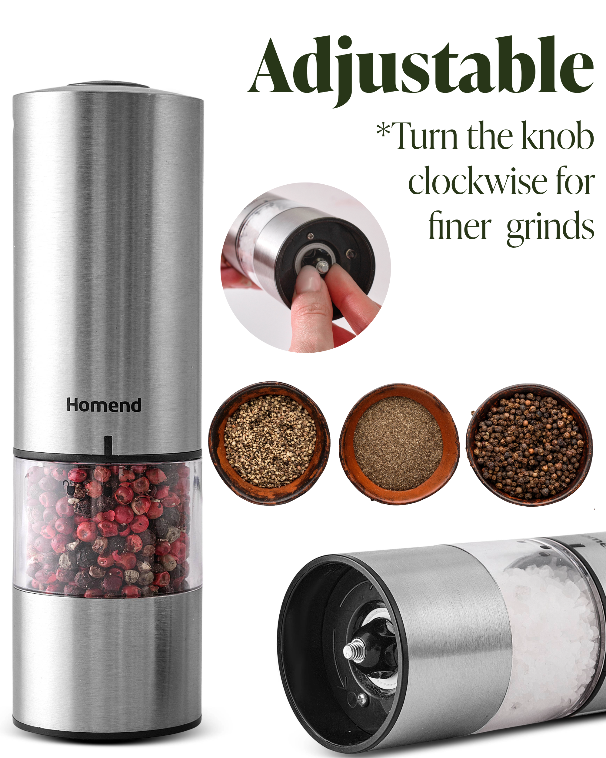 Homend Grindgo 6003UK Electric Salt and Pepper Grinder Set, Rechargeable with LED Light and Adjustable Grind Seasoning Mill Set