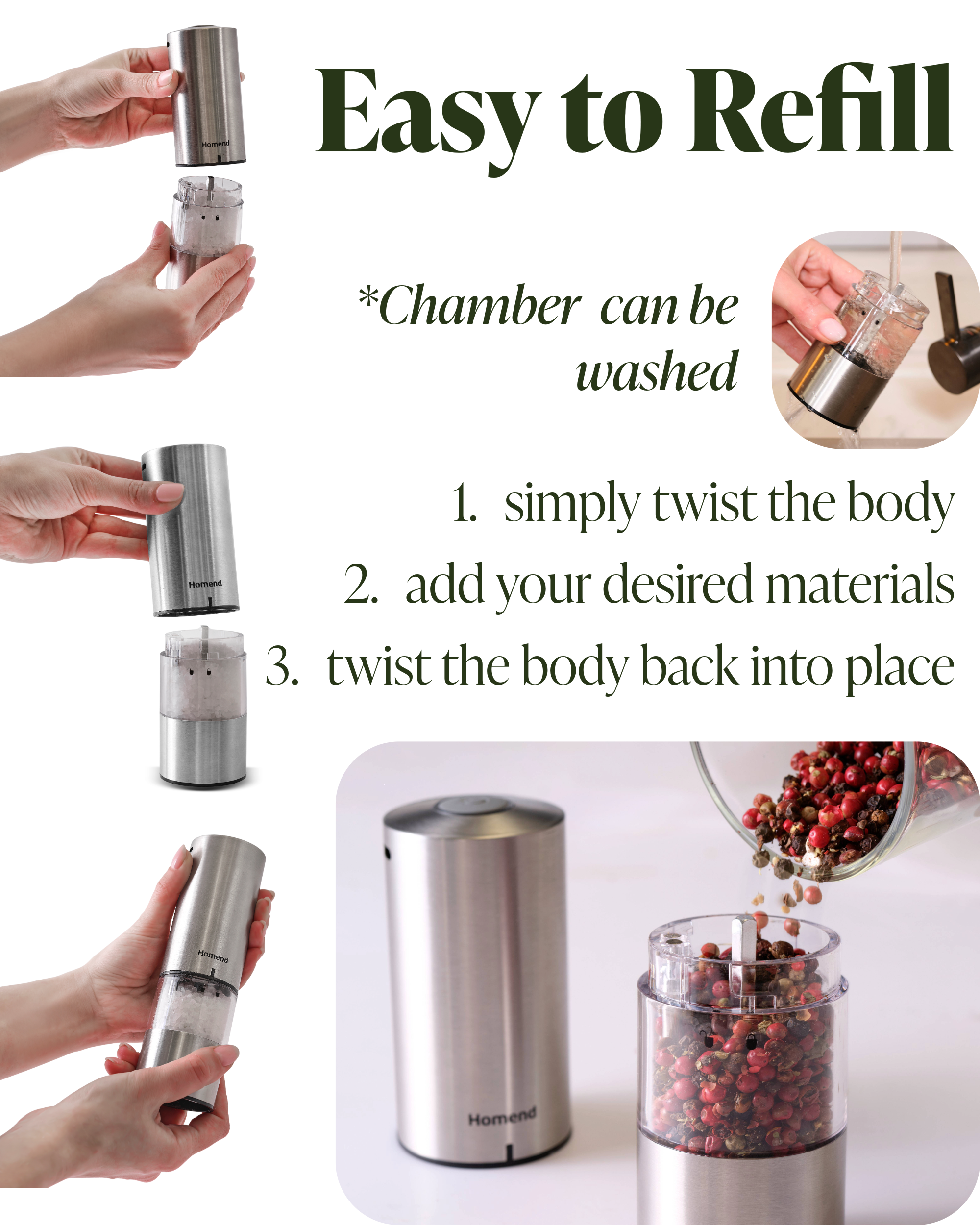 Homend Grindgo 6003UK Electric Salt and Pepper Grinder Set, Rechargeable with LED Light and Adjustable Grind Seasoning Mill Set