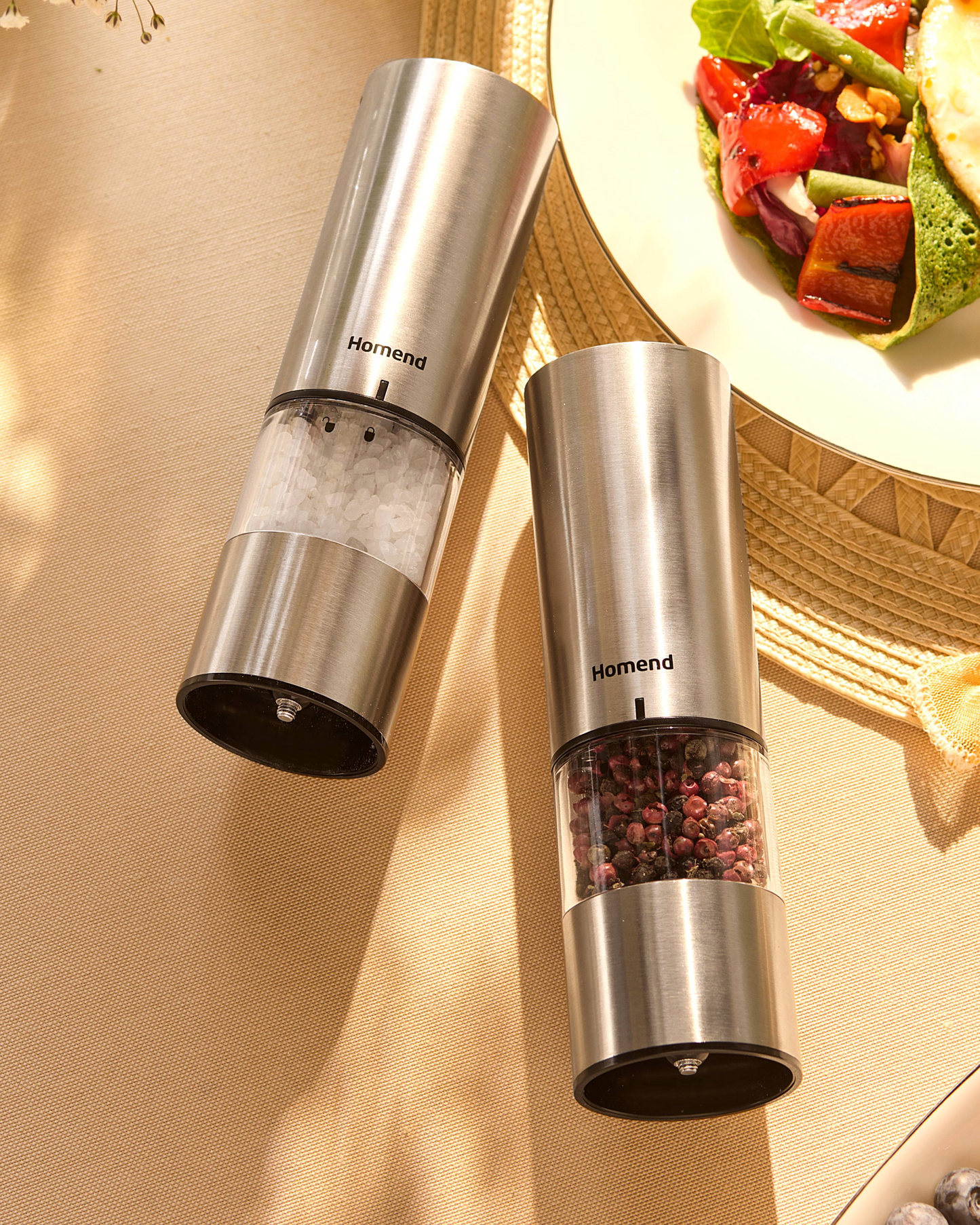 Homend Grindgo 6003UK Electric Salt and Pepper Grinder Set, Rechargeable with LED Light and Adjustable Grind Seasoning Mill Set