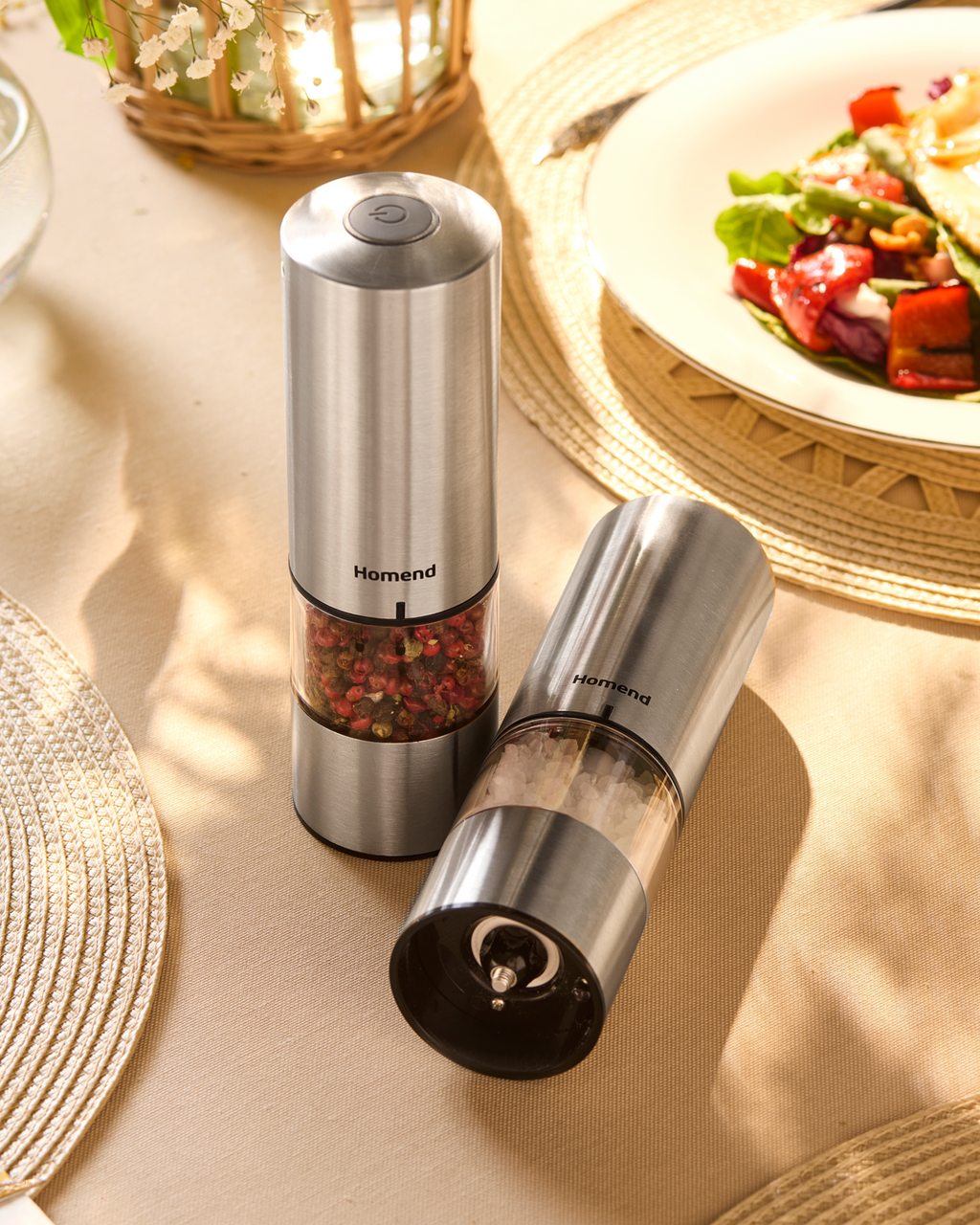 Homend Grindgo 6003UK Electric Salt and Pepper Grinder Set, Rechargeable with LED Light and Adjustable Grind Seasoning Mill Set