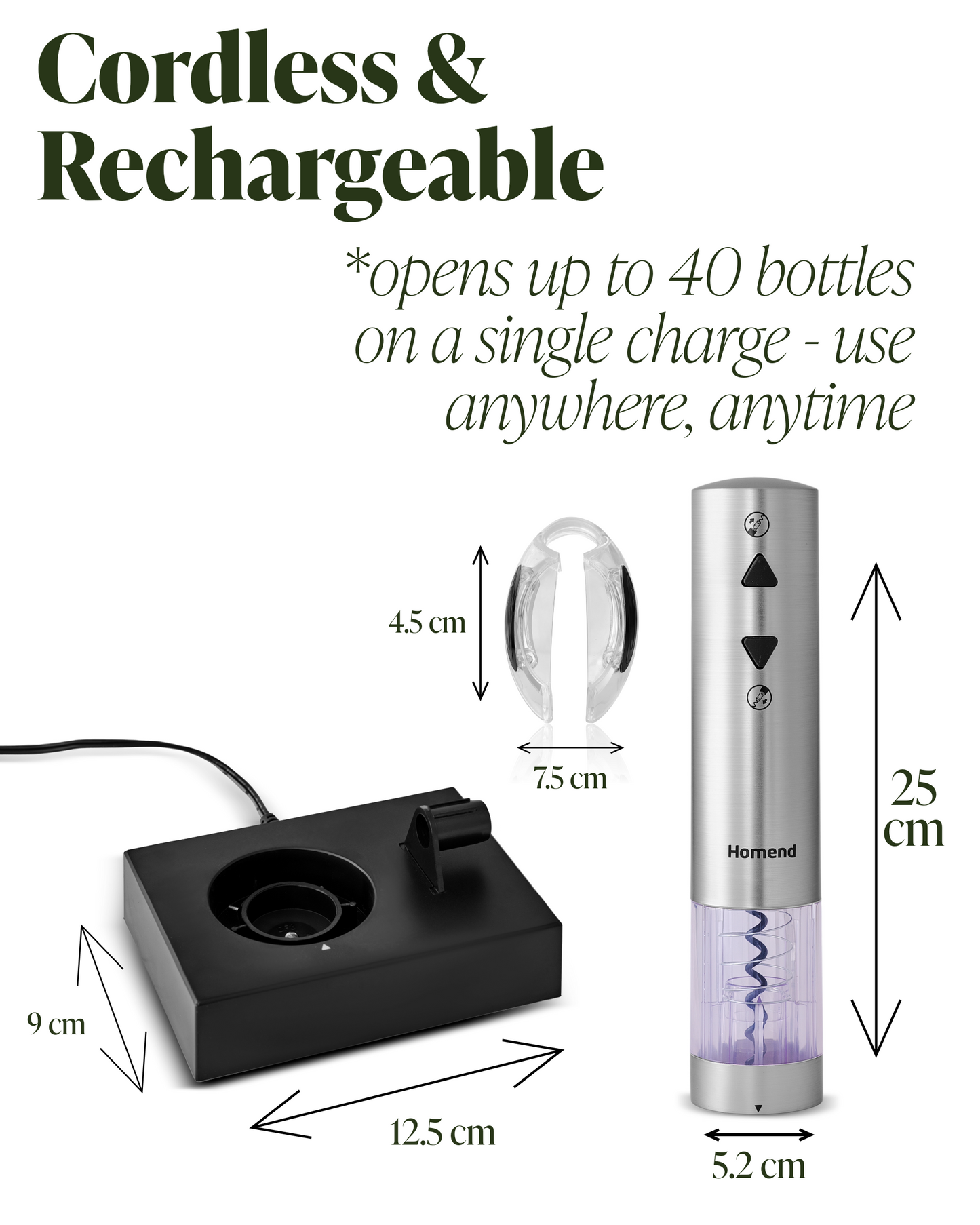 Homend Wine Up 2201UK Cordless Rechargeable Automatic Wine Opener (Electric Corkscrew) with Foil Cutter