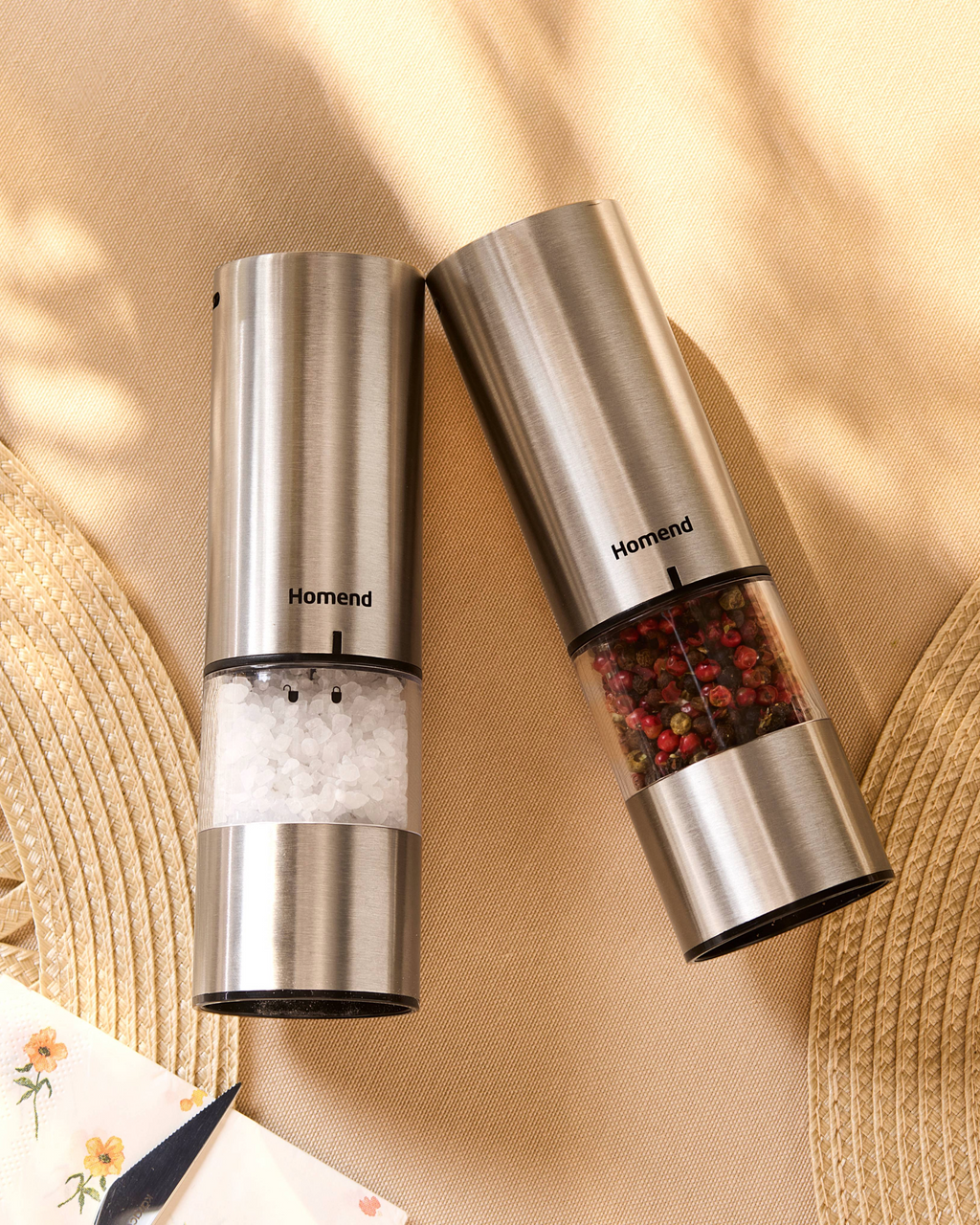 Homend Grindgo 6003UK Electric Salt and Pepper Grinder Set, Rechargeable with LED Light and Adjustable Grind Seasoning Mill Set