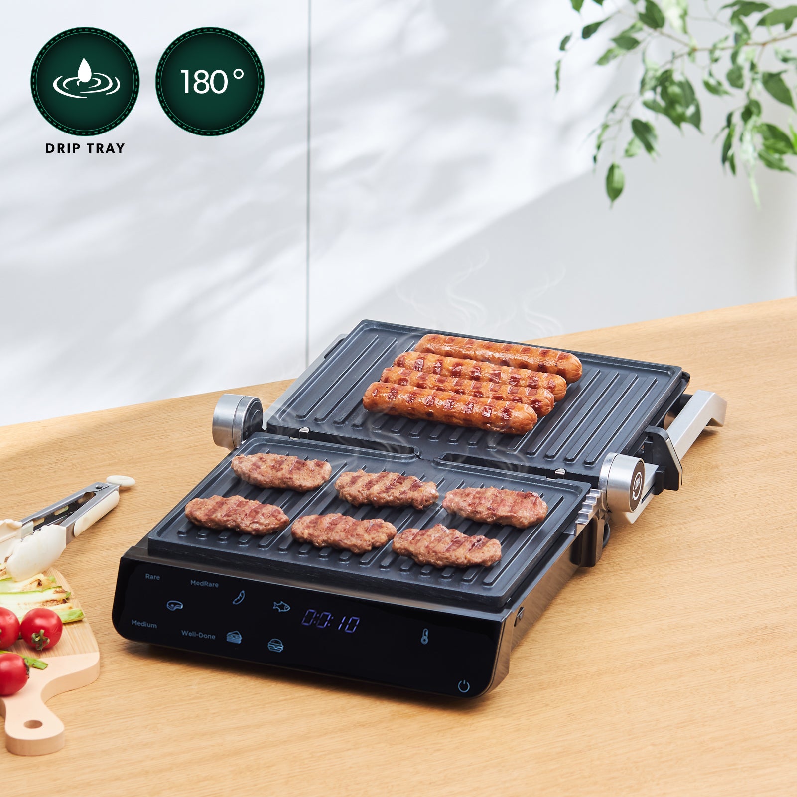 Homend Grilliant 1343UK Glass Surface, 5 Pre-Programmed, Detachable Cast Aluminium Plate, Led Display Talking Grill