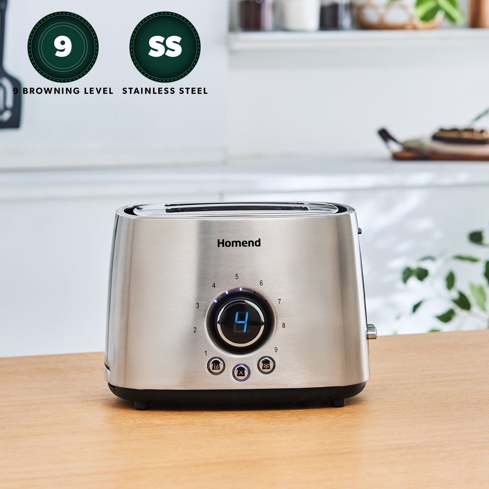 Homend Breadfast 1502UK with 2 Wide Slots Toaster, 9 Browning Levels Defrost and Reheat Functions