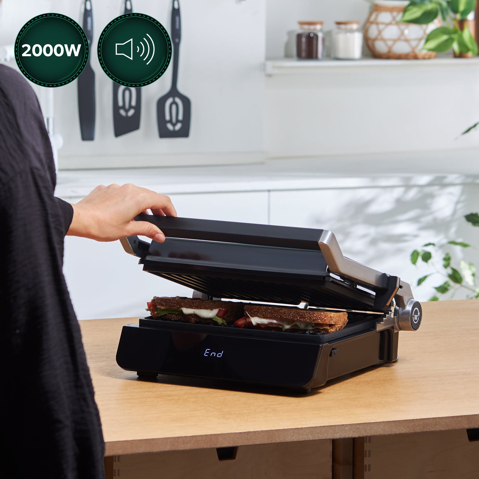 Homend Grilliant 1343UK Glass Surface, 5 Pre-Programmed, Detachable Cast Aluminium Plate, Led Display Talking Grill