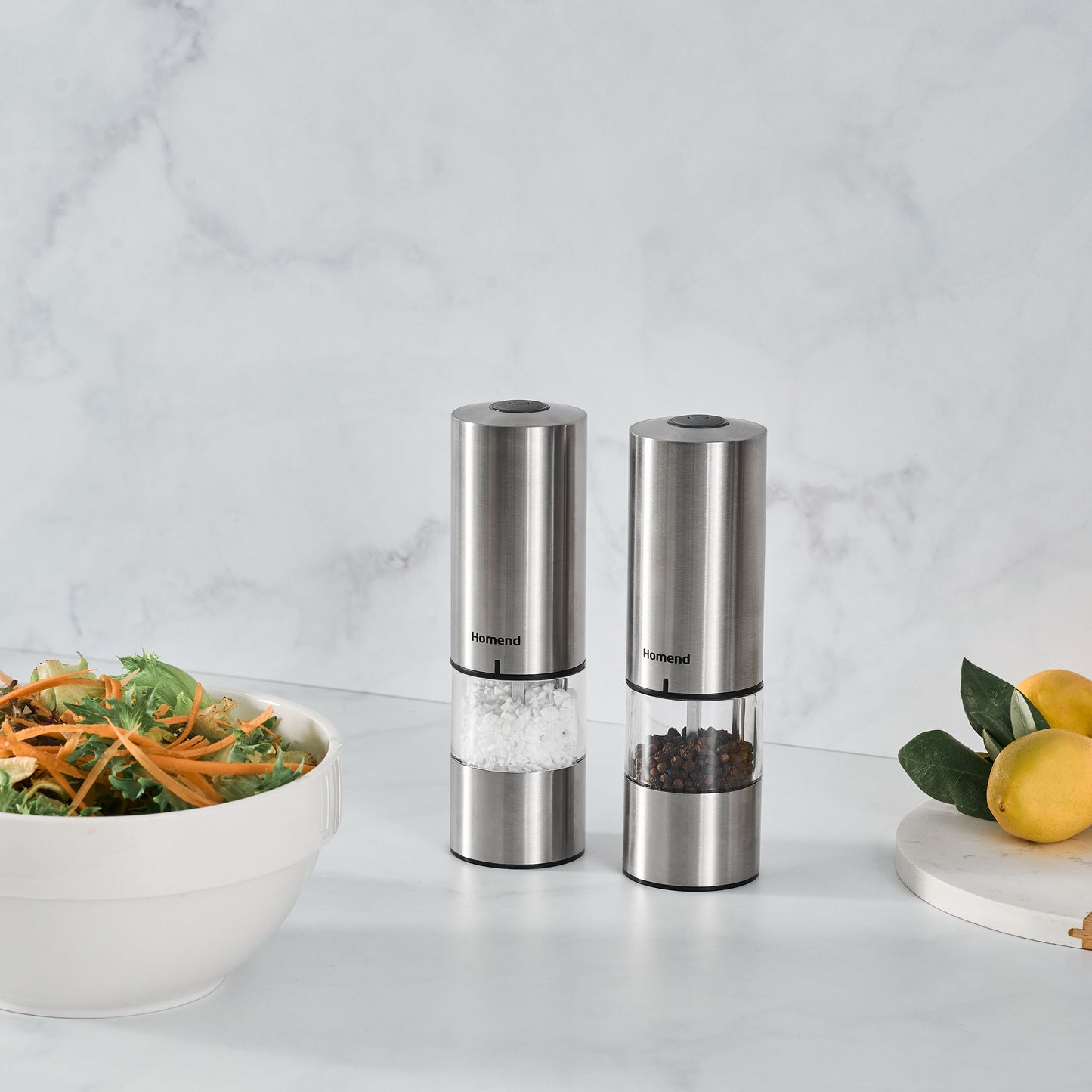 Homend Rechargeable Stainless Steel Salt and Pepper Mill Set, perfect for seasoning salads and other dishes. Features an LED light for precise seasoning, ideal for home kitchens and cooking enthusiasts.