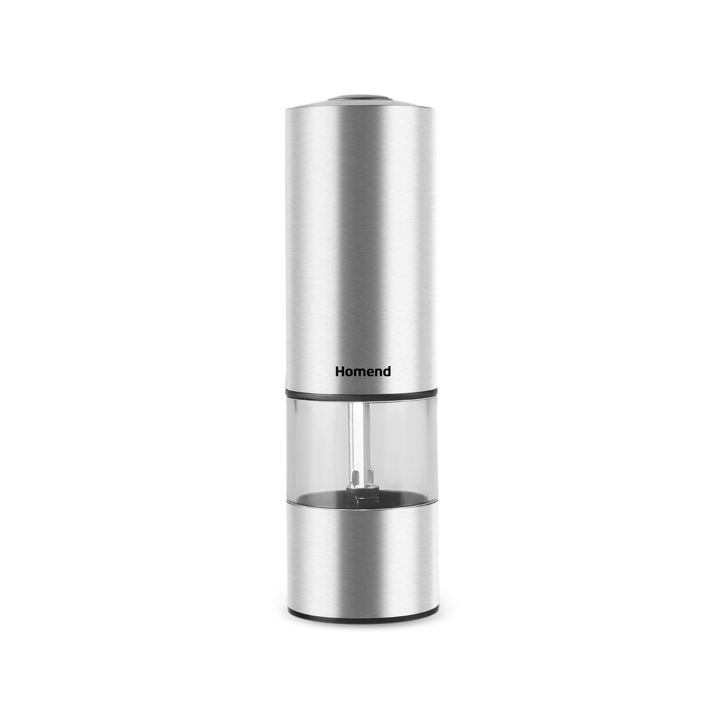 Homend Rechargeable Stainless Steel Seasoning Mill for salt or pepper, featuring a sleek modern design, ideal for precise seasoning in kitchens. Perfect for enhancing the flavor of meals with fresh ground spices.