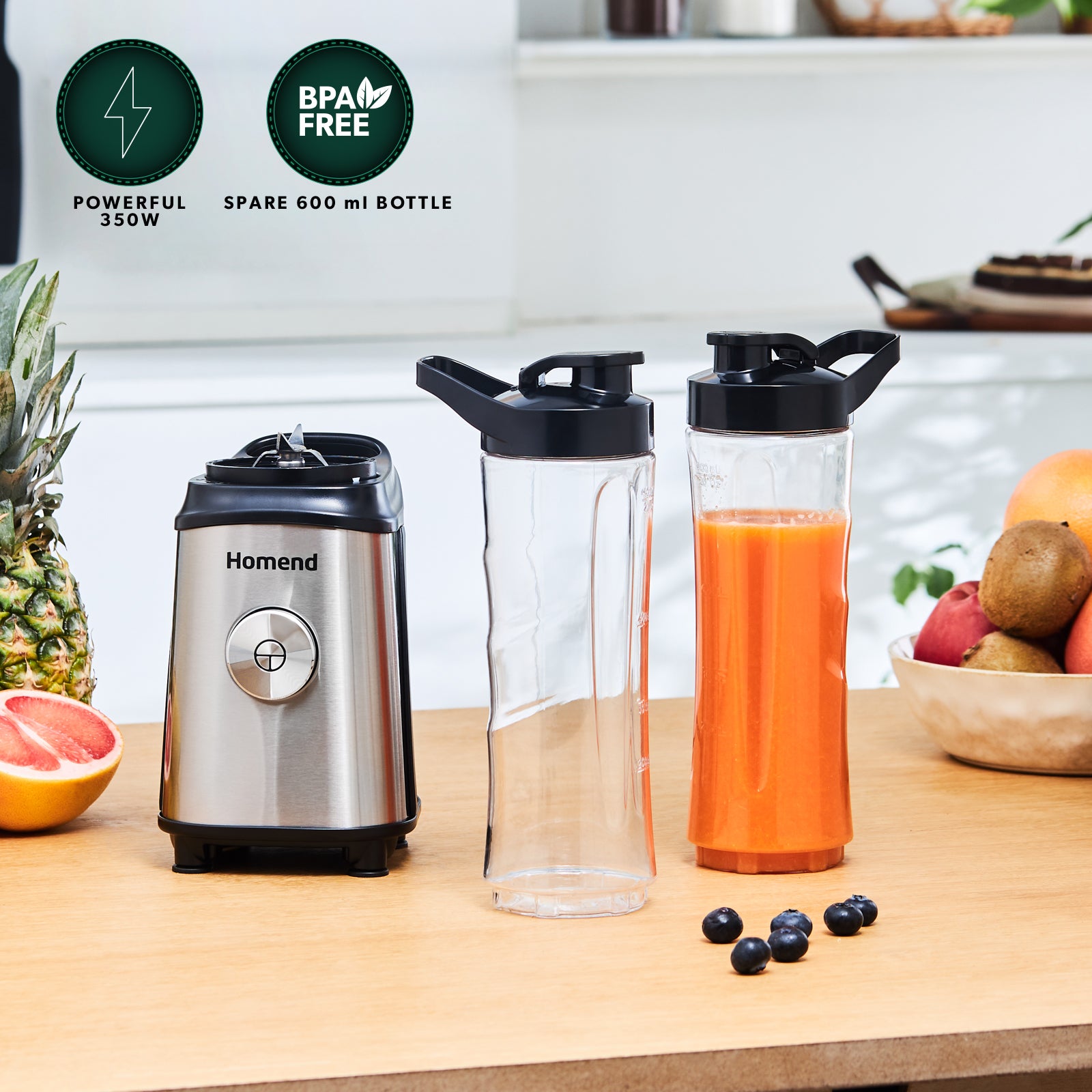 Homend Mixfresh 7010UK Dishwasher Safe, Stainless Steel Blender & Smoothie Maker, Two 600ML BPA Free Portable Bottles